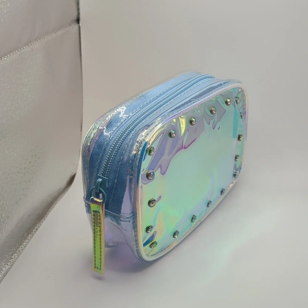 Clear iridescent makeup bag with rhinestones
